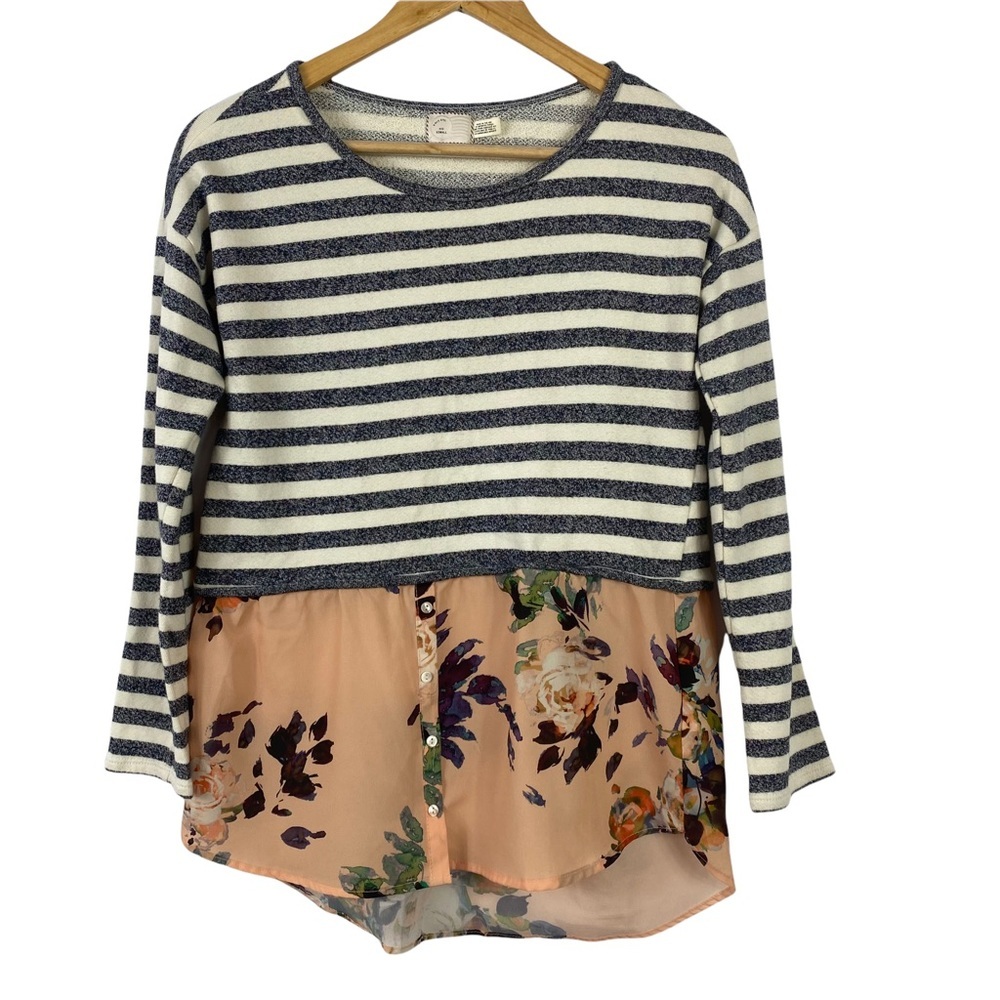 Postage 3/4 sleeve top blouse mixed media stripe floral size XS